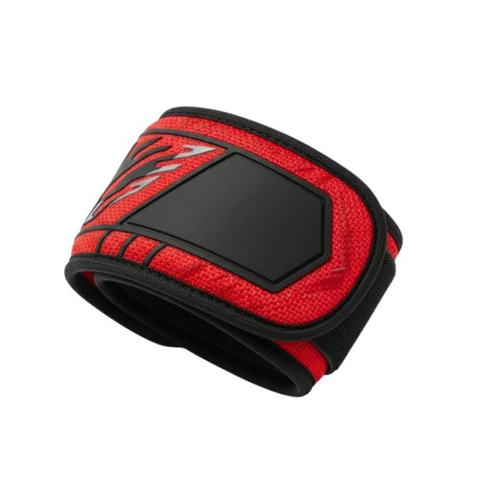 Folded red and black basketball LED wristband sleeve with textured fabric and a rectangular black LED module, shown on a white background.
