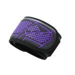 Folded black basketball wristband sleeve with purple LED-style grid pattern and geometric logo design on a white background.