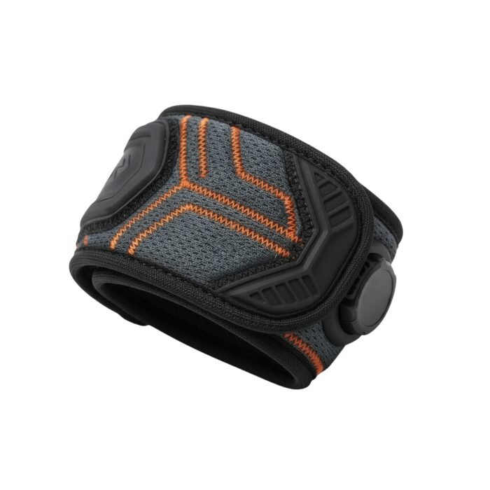 Folded charcoal gray basketball LED wristband sleeve with orange stitching and a rectangular black LED module, shown on a white background.