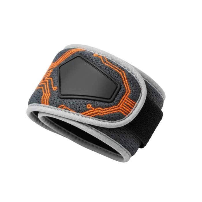 Sports shoe ankle cuff with orange geometric stitching and a black center panel.