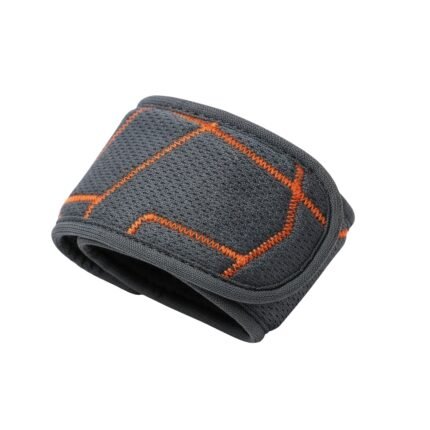 Gray basketball wristband sleeves folded and laid flat on a white background, featuring orange stitched accents and geometric detailing.