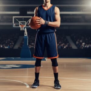 Basketball player wearing dark blue training outfit and wristband sleeves with orange accents, standing on a gym court holding a basketball in front of the hoop.