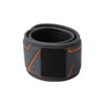 Gray basketball wristband sleeves rolled into a loop with bold orange stitching and geometric seam details on a white background.