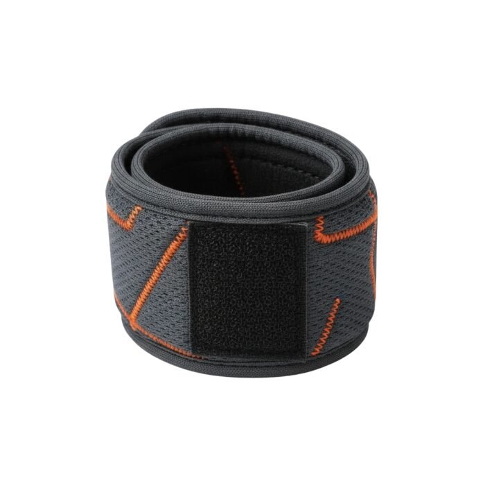 Gray basketball wristband sleeves rolled into a loop with bold orange stitching and geometric seam details on a white background.