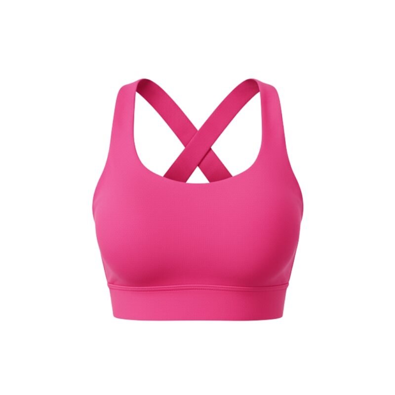 Hot pink sports bra with an X-style cutout strap design on the back/upper chest.