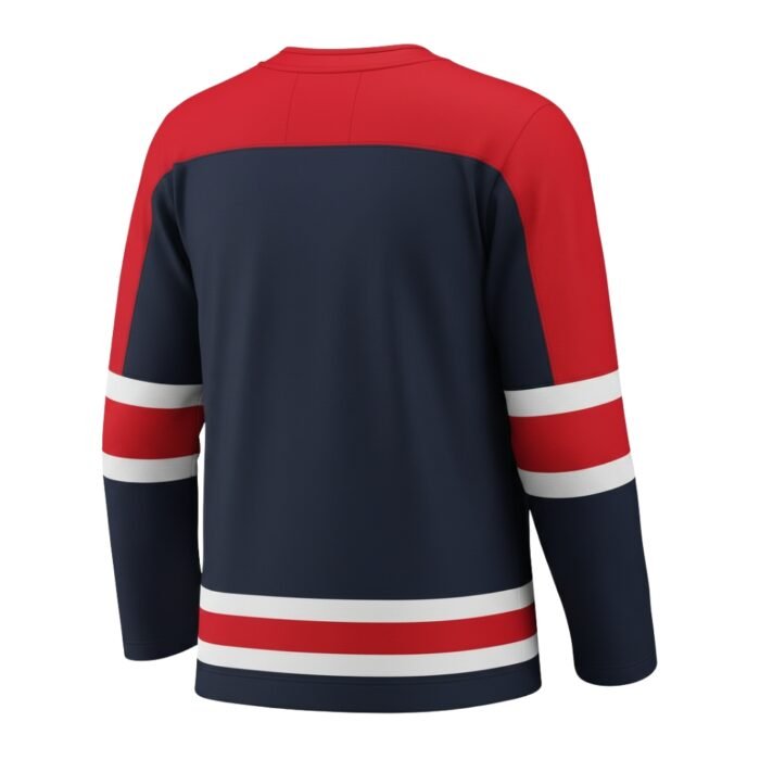Back view of a navy blue hockey jersey with red shoulders and red and white stripe accents on the sleeves and hem