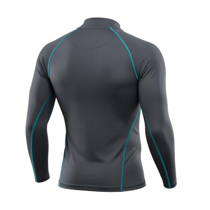 A close-up view of the back of a long-sleeved, fitted gray athletic shirt with teal stitching accents. The shirt is designed for performance and moisture-wicking.