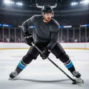 A hockey player wearing a gray jersey with blue accents, black pants, and a black helmet is captured mid-action on the ice rink. The player is skating and handling the puck with a hockey stick. The arena is lit brightly, and an audience is visible in the background.