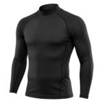 A long-sleeve black athletic shirt with sleek black stitching, designed for a comfortable and performance-focused fit.