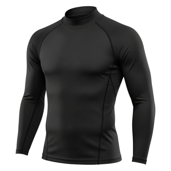 A long-sleeve black athletic shirt with sleek black stitching, designed for a comfortable and performance-focused fit.
