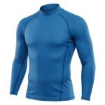 A long-sleeve blue athletic shirt with matching stitching, designed for a comfortable and stylish athletic fit.