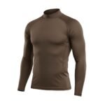 A long-sleeve brown athletic shirt with minimal stitching, designed for a sleek and comfortable fit.