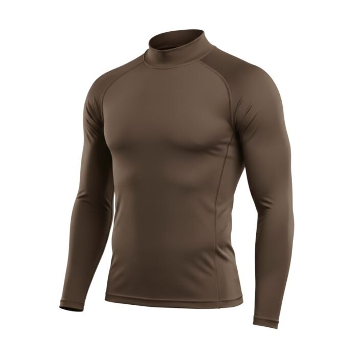 A long-sleeve brown athletic shirt with minimal stitching, designed for a sleek and comfortable fit.