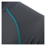 A close-up of the seam detailing on a gray athletic shirt, featuring teal stitching on a smooth, performance fabric.