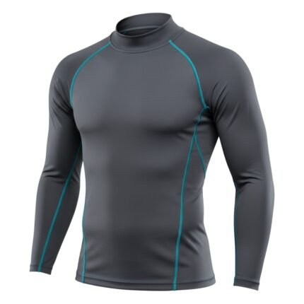 A dark gray long-sleeve athletic shirt with teal stitching accents, designed with a fitted high collar and sleek, form-fitting fabric.