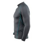 A side view of a fitted long-sleeve gray athletic shirt with teal stitching details, designed for performance and comfort.