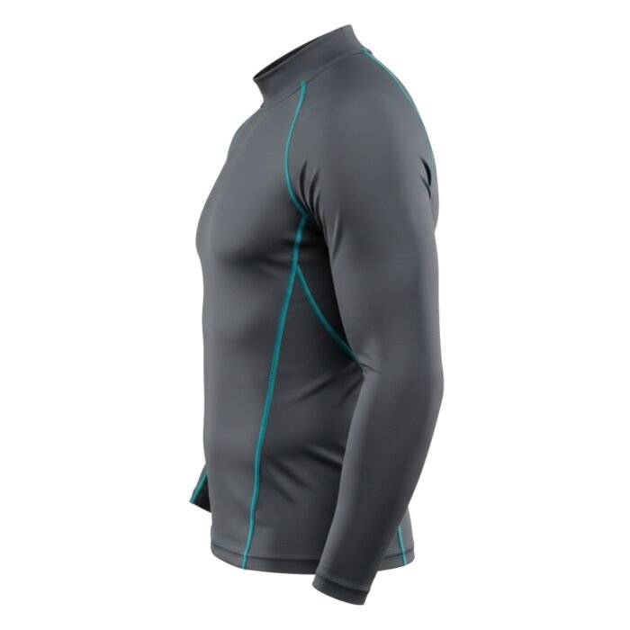 A side view of a fitted long-sleeve gray athletic shirt with teal stitching details, designed for performance and comfort.