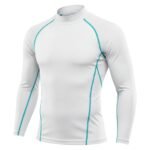 A long-sleeve white athletic shirt with teal stitching accents, designed for performance and a snug, comfortable fit.