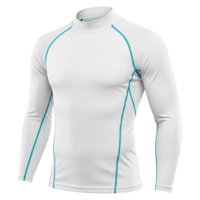 A long-sleeve white athletic shirt with teal stitching accents, designed for performance and a snug, comfortable fit.
