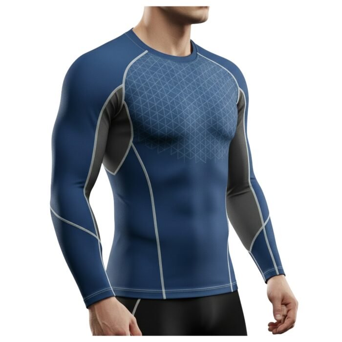 A man wearing a blue and black long-sleeve athletic shirt with geometric patterns on the chest and detailed stitching, designed for functionality and style.