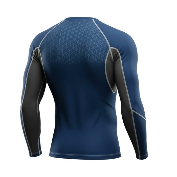A back view of a blue and black long-sleeve athletic shirt featuring geometric patterns on the upper back and detailed stitching for enhanced design and fit.