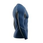 A side view of a blue and black long-sleeve athletic shirt with sleek stitching and ergonomic design for a comfortable fit.