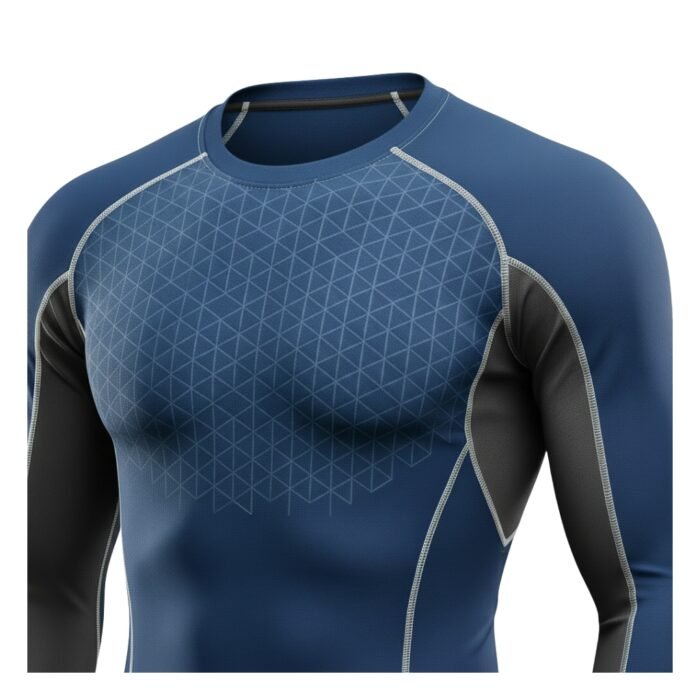 A close-up of a blue and black long-sleeve athletic shirt with geometric patterns on the chest and detailed stitching along the seams. The design combines sleek aesthetics and functionality.
