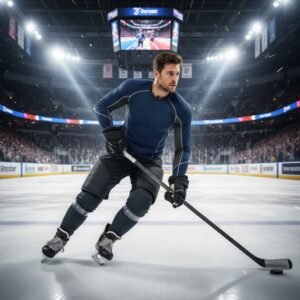 A hockey player wearing a blue and black outfit skates on an ice rink during a game. The player is holding a hockey stick, maneuvering the puck. The arena is brightly lit, with a large crowd in the background, and a screen showing a close-up of the game.