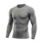 A sleek gray long-sleeve athletic shirt with geometric patterns on the chest and detailed stitching, designed for performance and flexibility.