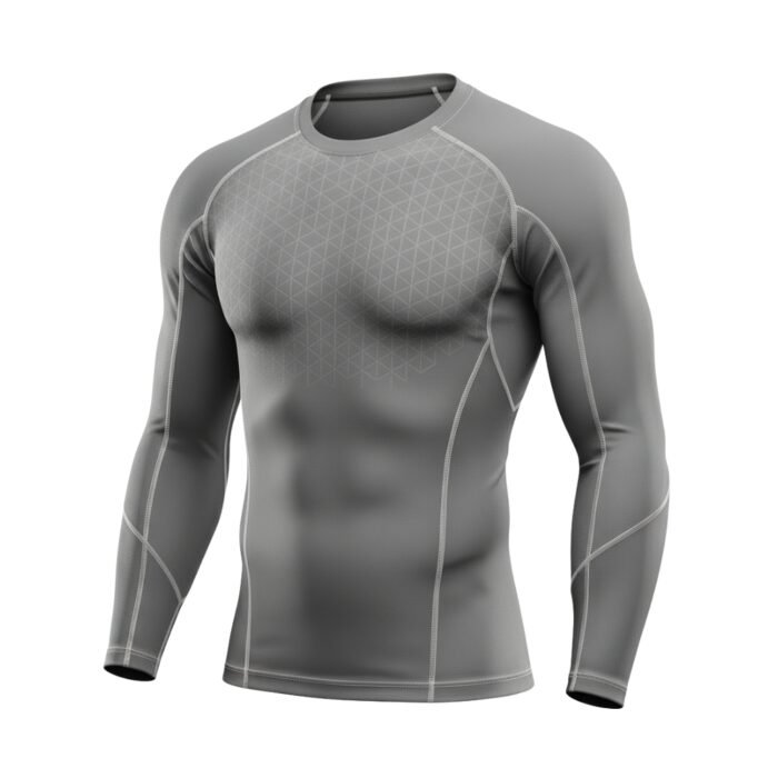 A sleek gray long-sleeve athletic shirt with geometric patterns on the chest and detailed stitching, designed for performance and flexibility.