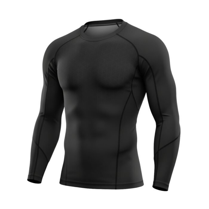 A sleek black long-sleeve compression shirt with smooth contours and subtle geometric patterns, designed for athletic performance and comfort.