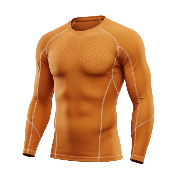 An orange long-sleeve compression shirt with geometric patterns and white seam accents, designed for athletic performance and flexibility.
