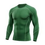 A green long-sleeve compression shirt featuring subtle geometric patterns and white seam detailing, tailored for athletic performance and flexibility.
