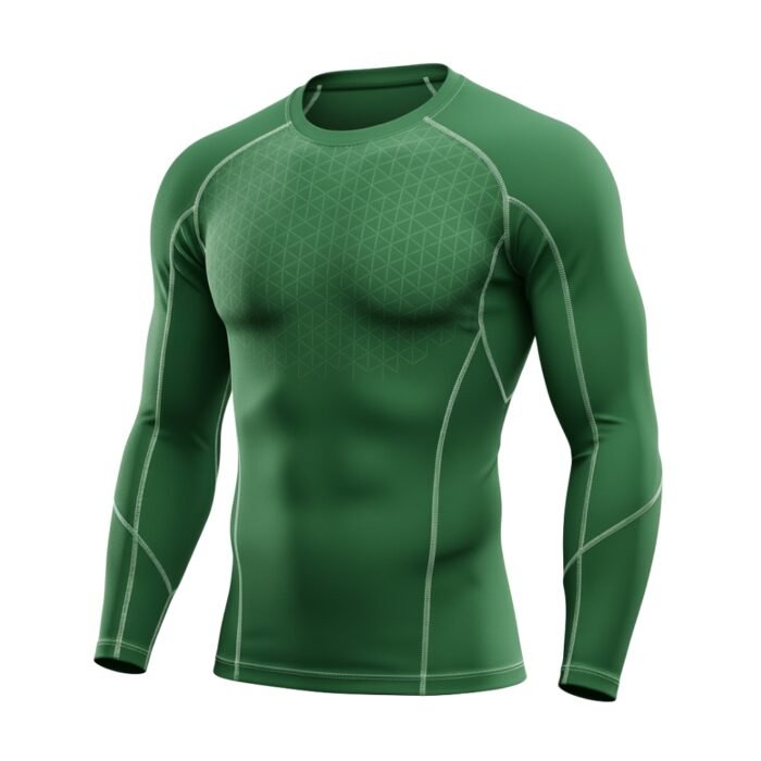A green long-sleeve compression shirt featuring subtle geometric patterns and white seam detailing, tailored for athletic performance and flexibility.