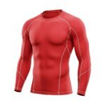 A red long-sleeve compression shirt with subtle geometric patterns and white stitching accents, designed for athletic comfort and performance.
