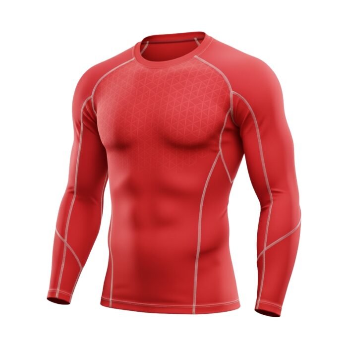 A red long-sleeve compression shirt with subtle geometric patterns and white stitching accents, designed for athletic comfort and performance.