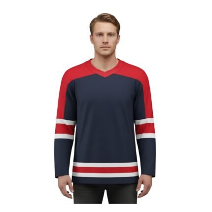 A person wearing a navy blue hockey jersey with red shoulders and red and white stripe accents on the sleeves and hem.