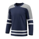 A hockey jersey featuring a deep navy blue body, light gray shoulders, and white stripes on the sleeves and lower body.