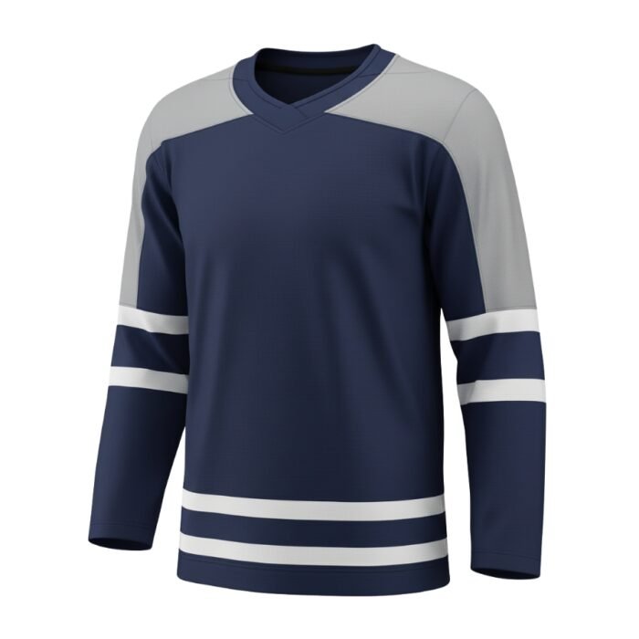 A hockey jersey featuring a deep navy blue body, light gray shoulders, and white stripes on the sleeves and lower body.