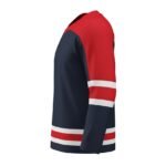 Side view of a navy blue hockey jersey with red shoulders and red and white stripe accents on the sleeves and hem.