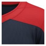 Close-up view of the neckline and shoulder area of a navy blue hockey jersey with red accents and textured fabric.