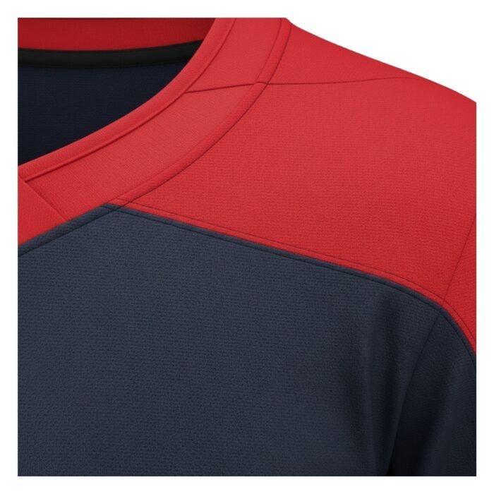 Close-up view of the neckline and shoulder area of a navy blue hockey jersey with red accents and textured fabric.