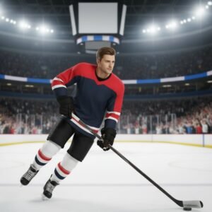 A hockey player skating on the ice in an arena wearing a navy blue jersey with red and white accents, holding a hockey stick.