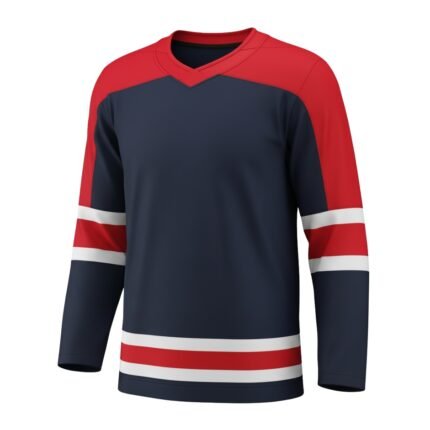 A navy blue hockey jersey with red shoulders and red and white stripe accents on the sleeves and hem.