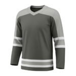 A hockey jersey featuring an olive green body, light gray shoulders, and white stripes on the sleeves and lower body.