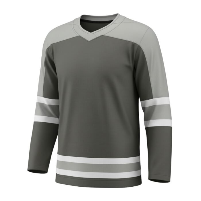 A hockey jersey featuring an olive green body, light gray shoulders, and white stripes on the sleeves and lower body.