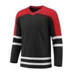 A hockey jersey with a black body, scarlet red shoulders, and white stripes on the sleeves and lower body.