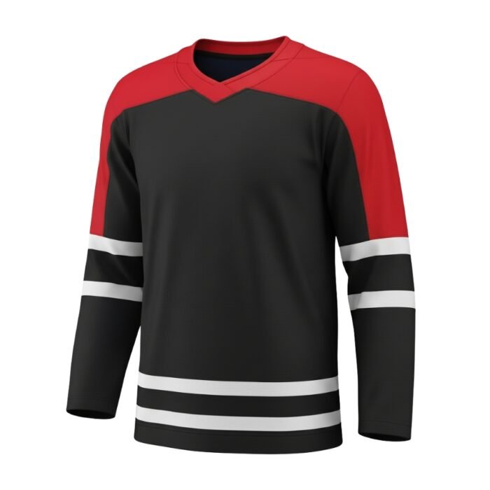 A hockey jersey with a black body, scarlet red shoulders, and white stripes on the sleeves and lower body.