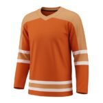 A hockey jersey featuring a bright orange body, peach beige shoulders, and white stripes on the sleeves and lower body.