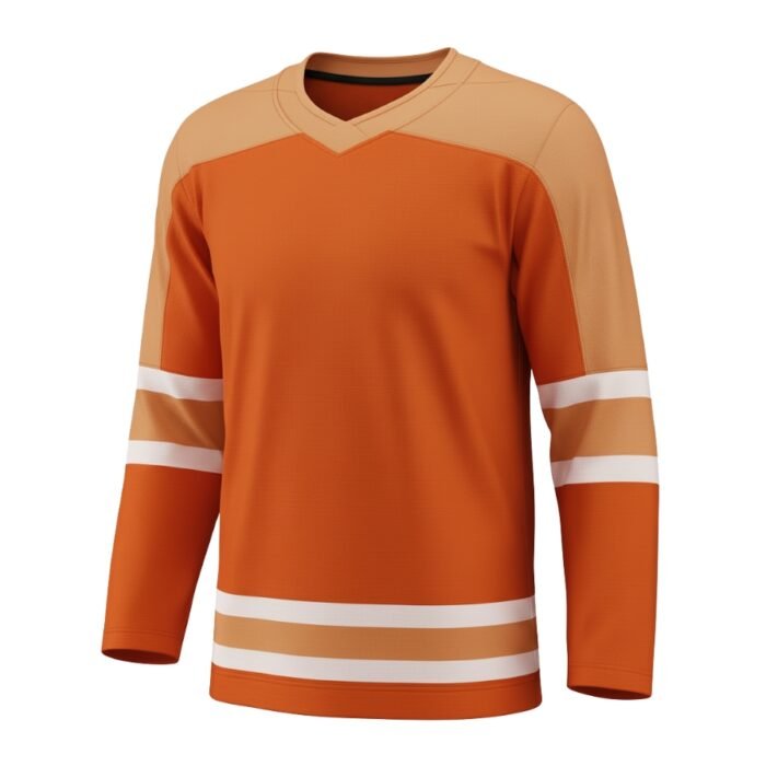 A hockey jersey featuring a bright orange body, peach beige shoulders, and white stripes on the sleeves and lower body.